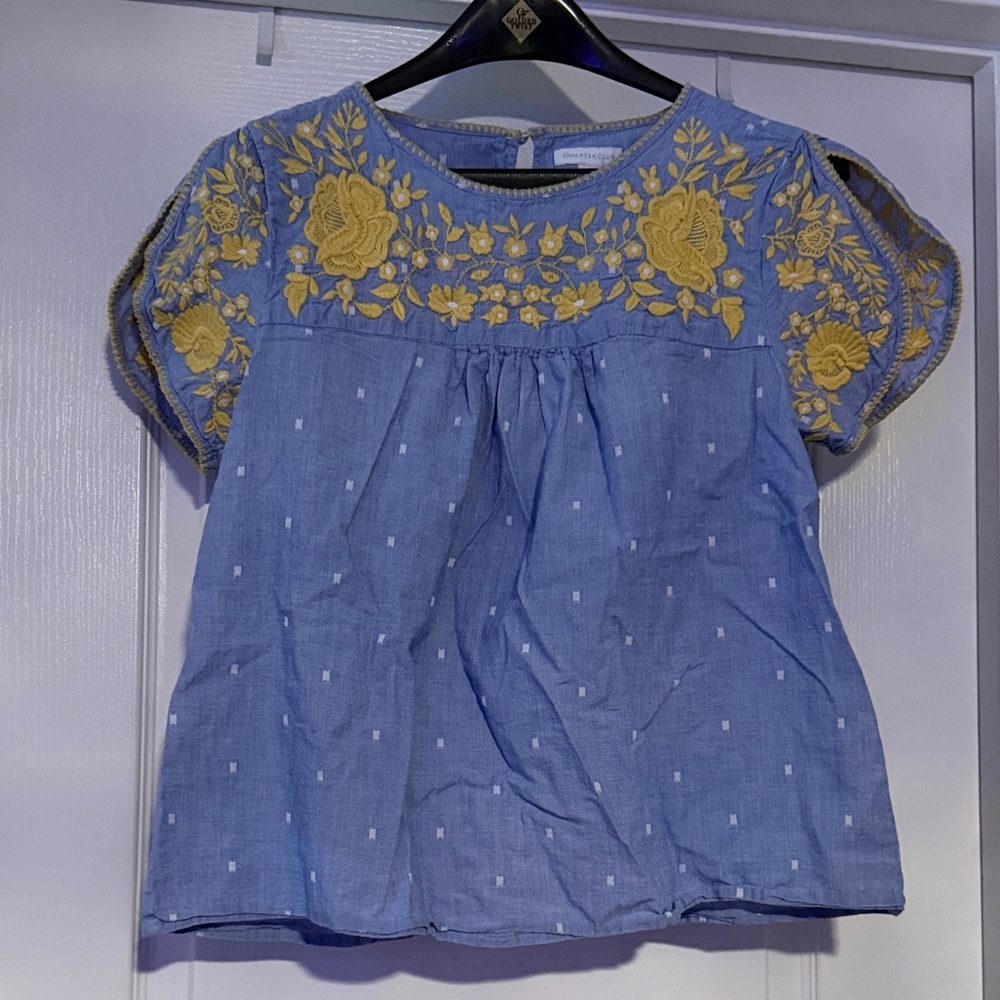 Light Blue Dot Chambray Top with Yellow Floral Embroidered Sleeves